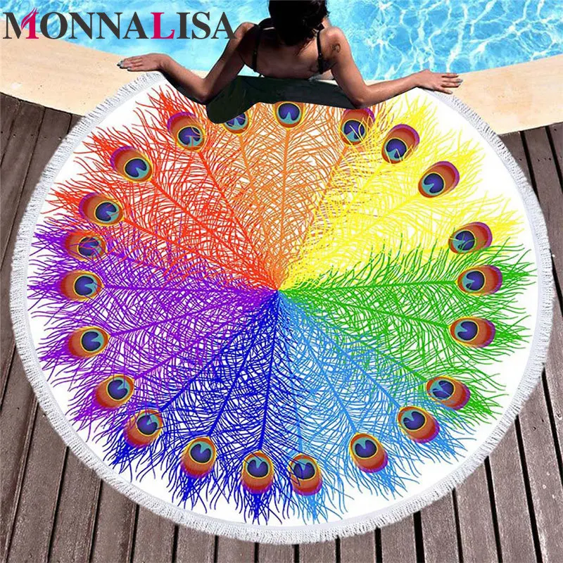 Летнее круглое пляжное полотенце с рисунком павлина и кисточками пляжные