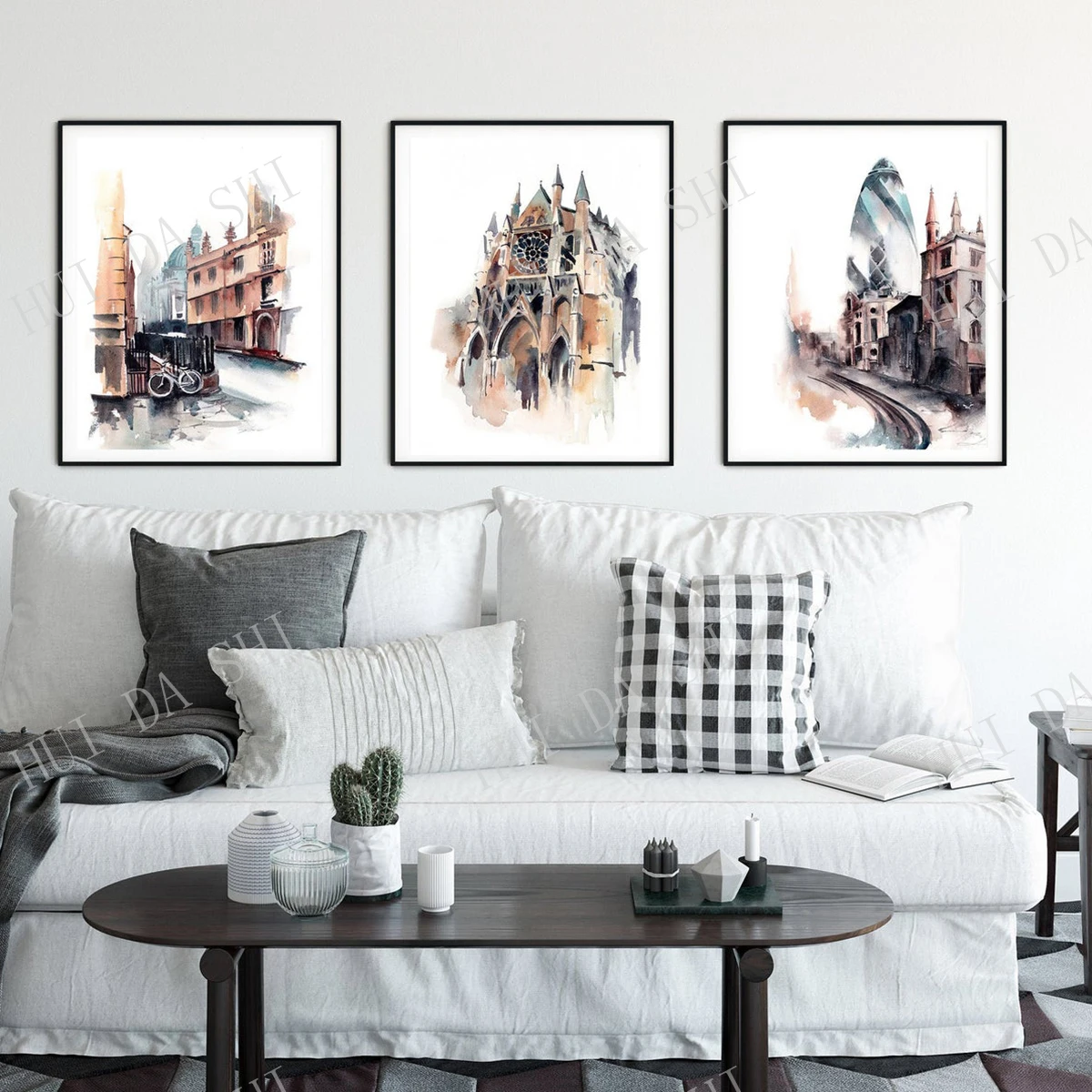 

London Architecture 3 Prints Set, Gallery Wall Set of 3 Art Prints, London city scenes watercolor painting, Cityscape prints