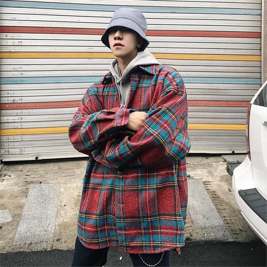 LAPPSTER-Youth мужские уличные Клетчатые Шерстяные Пальто Harajuku винтажные корейские стильные куртки пальто мужские s хип хоп куртки ветровки - Цвет: Red