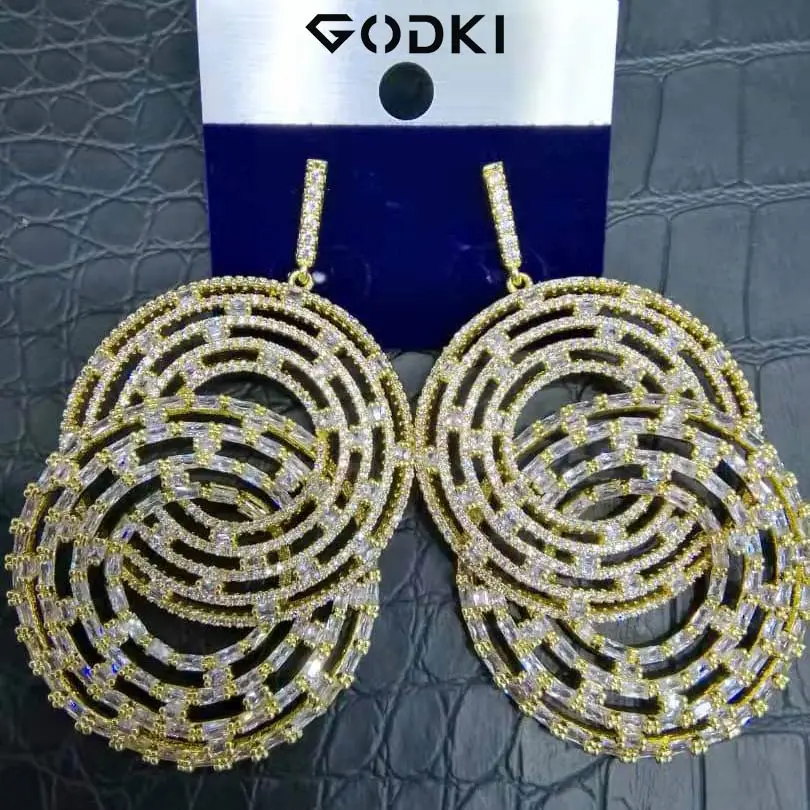 GODKI свадебные Дубай Свадебные Висячие Роскошные серьги кубический циркон круглые массивные большие круглые серьги для женщин