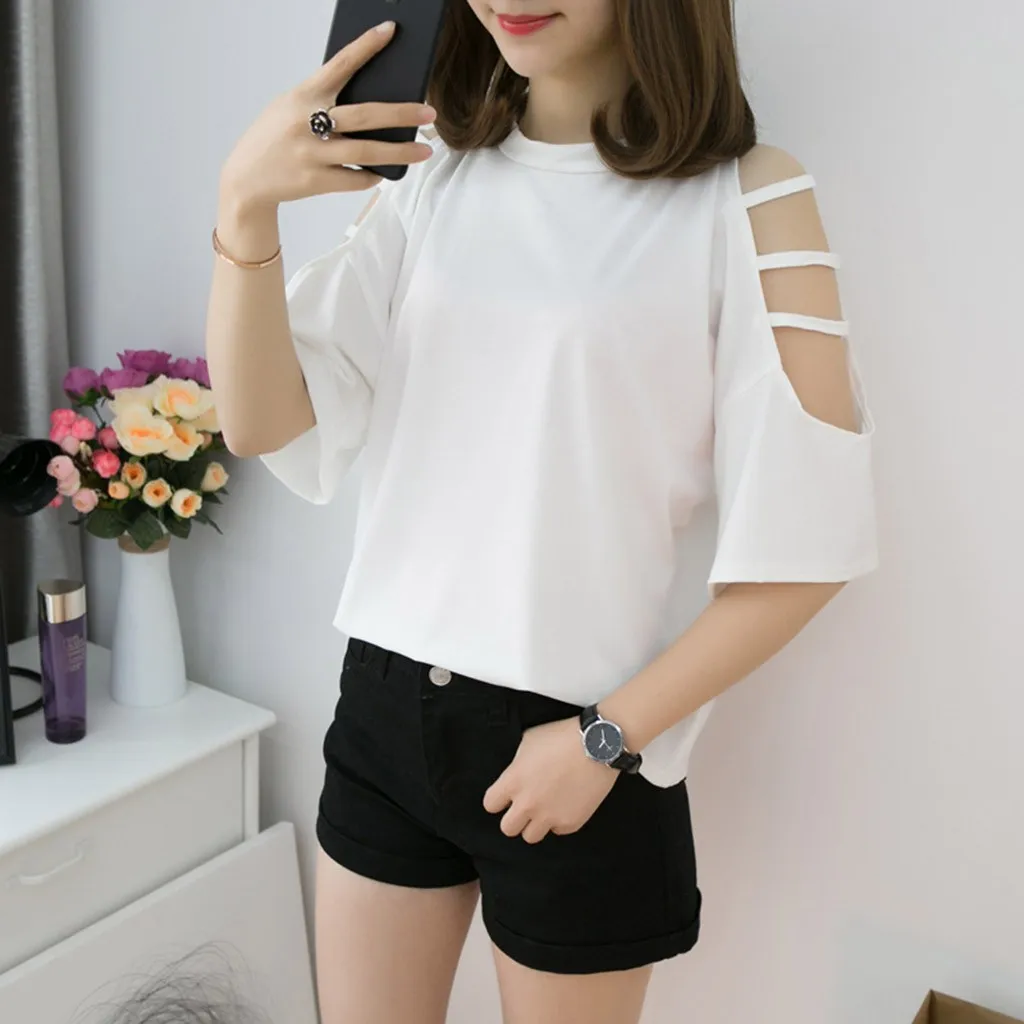 Korean Fashion T-Shirt For Women Bandage Off Shoulder Solid Color Top Half Sleeve Female Tshirt Cropped Streetwear | Женская одежда