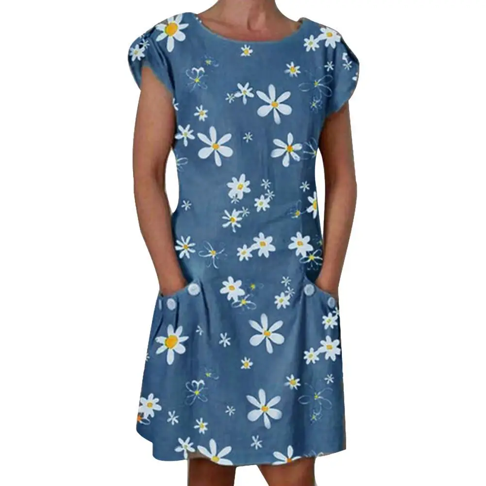 

Women Casual O Neck Short Sleeve Marguerite Print Pockets Knee-length Dress