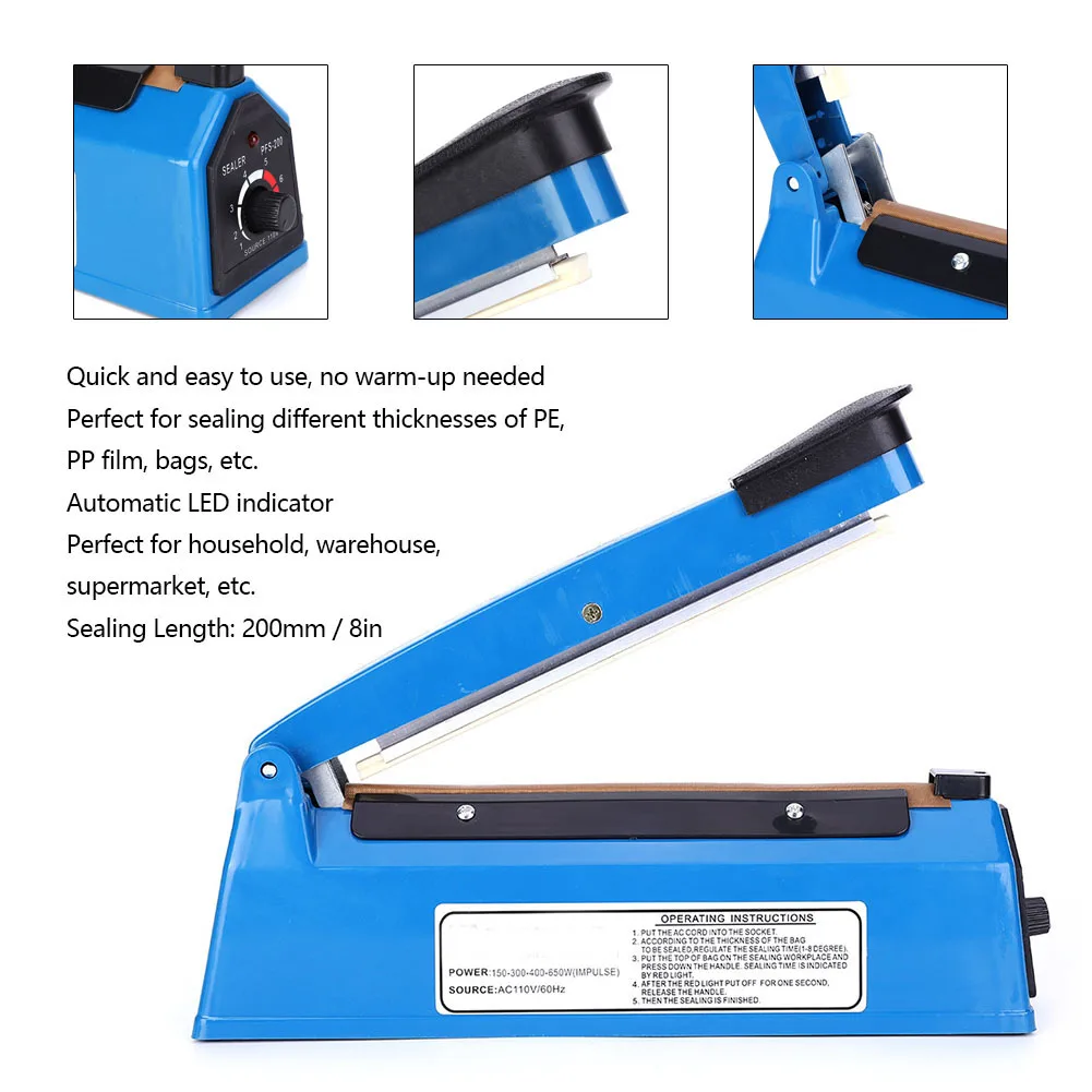 PFS-200 210W Manual Heat Bag Sealer 8in Impulse Sealing Machine Adjustable Timer US Plug AC110V | Инструменты