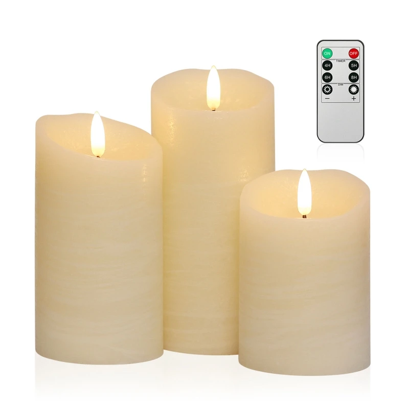 

95AA 3Pcs/Set Battery Operated Flickering Flameless Candle Electric LED Real Wax Light with Remote Control Large Pillar Fake Tea