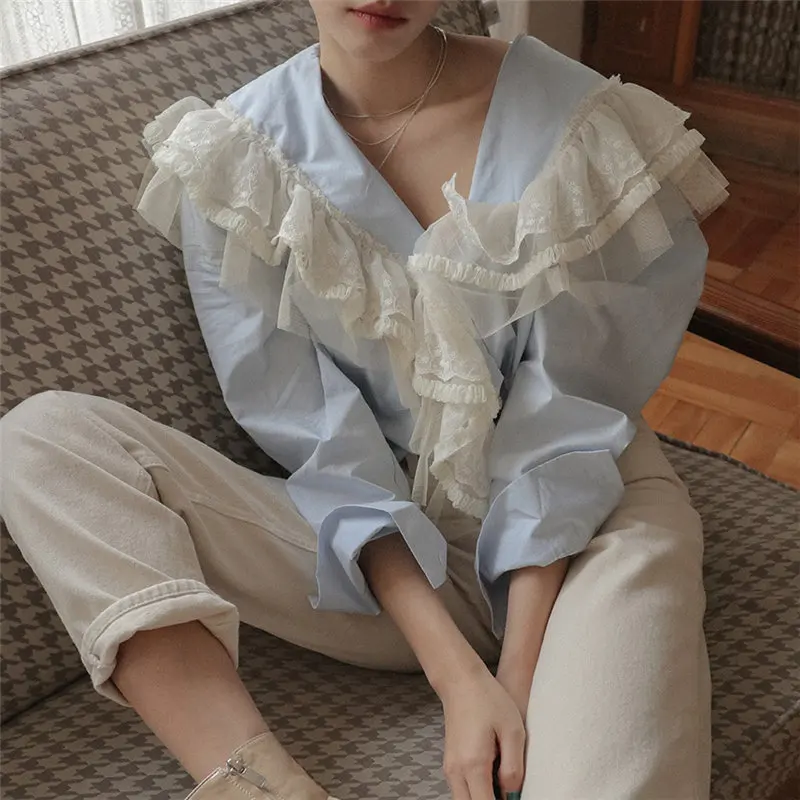Alien Kitty 2020 OL Patchwork Lace Lady Vintage Deeply V-neck Ruffles Chic Long Sleeve Elegant Top Loose Shirt Women Blouses | Женская