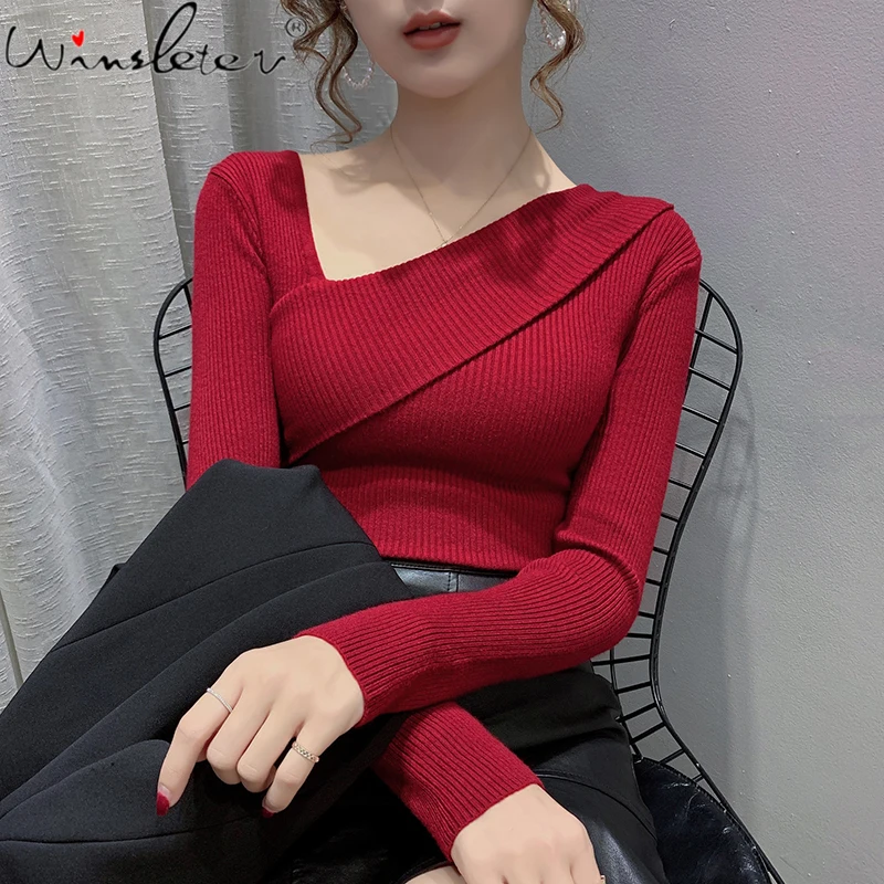 

Spring Fall Knitted Sweater European Clothes Elegant Women Fashion Sexy Basic Asymmetrical Long Sleeve Elastic Tops New T17004A