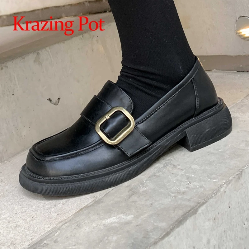

Krazing Pot cow split leather round toe low heel loafers buckle decoration British style retro fashion slip on women pumps L08