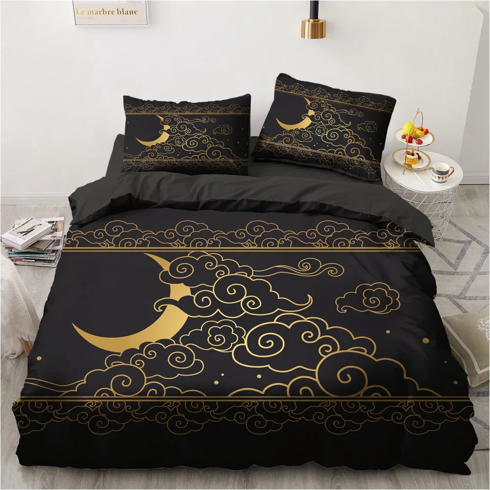 

Black Quilt Cover Sets 3D Custom Design Modern Comforther Covers Pillow Slip 200*230cm Full Twin King Size Gold Moon Bedclothes
