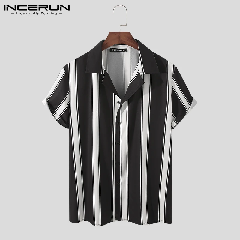 

2021 Men Striped Shirt Lapel Short Sleeve Breathable Casual Hawaiian Shirts Brand Streetwear Summer Camisa Masculina INCERUN