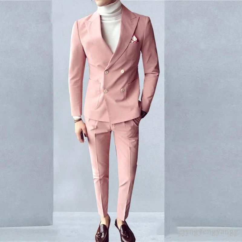 Pink Fashion Sunshine Men Suits Double Breasted 2 Pieces Peaked Collar Slim Fit Suits for Wedding Dinner Party Tuxedos