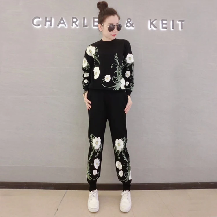 Women's 2 Pieces set Autumn Winter Flower Embroidered Loose Knitted Sweater + Harem Trousers Two women Pants Set |