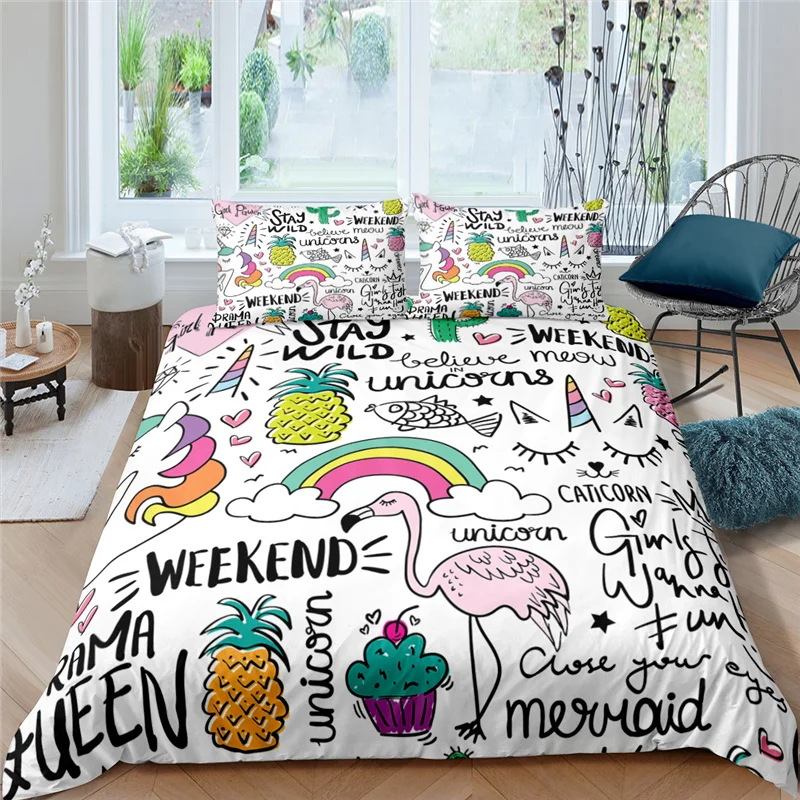 

Luxury 3D Cartoon Unicorn Print 2/3Pcs Kids Bedding Set Comfortable Flamingo Duvet Cover Pillowcase Home Textile Queen/King Size