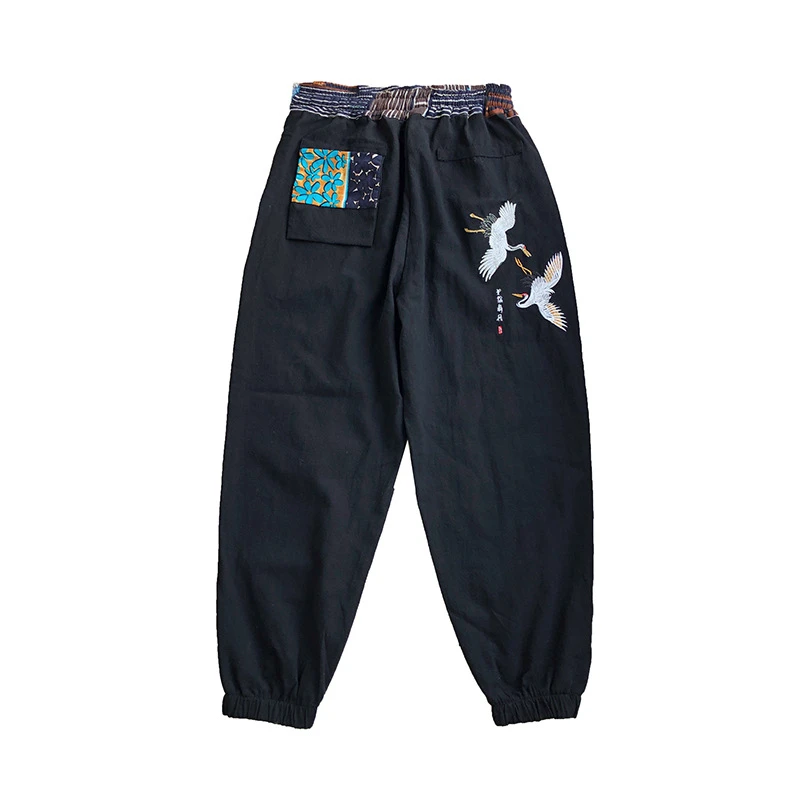 

Men Linen Embroidery Crane Pants Vintage Bandage Blouse Japanese Style Samurai Costume Woman Fashion Asian Clothes Haori Kimono