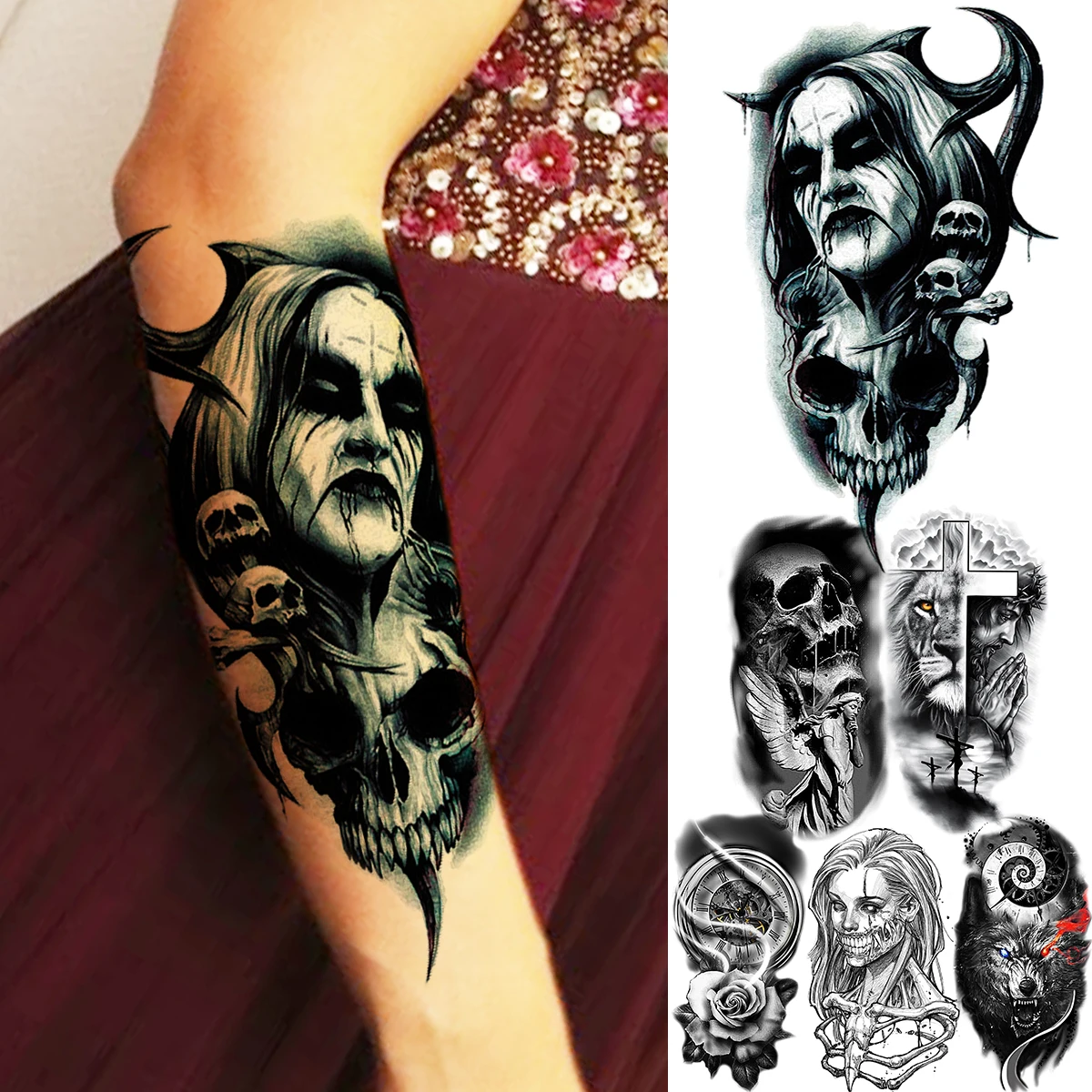 Фото Реалистичные Временные татуировки со скелетом демона вампира для женщин и