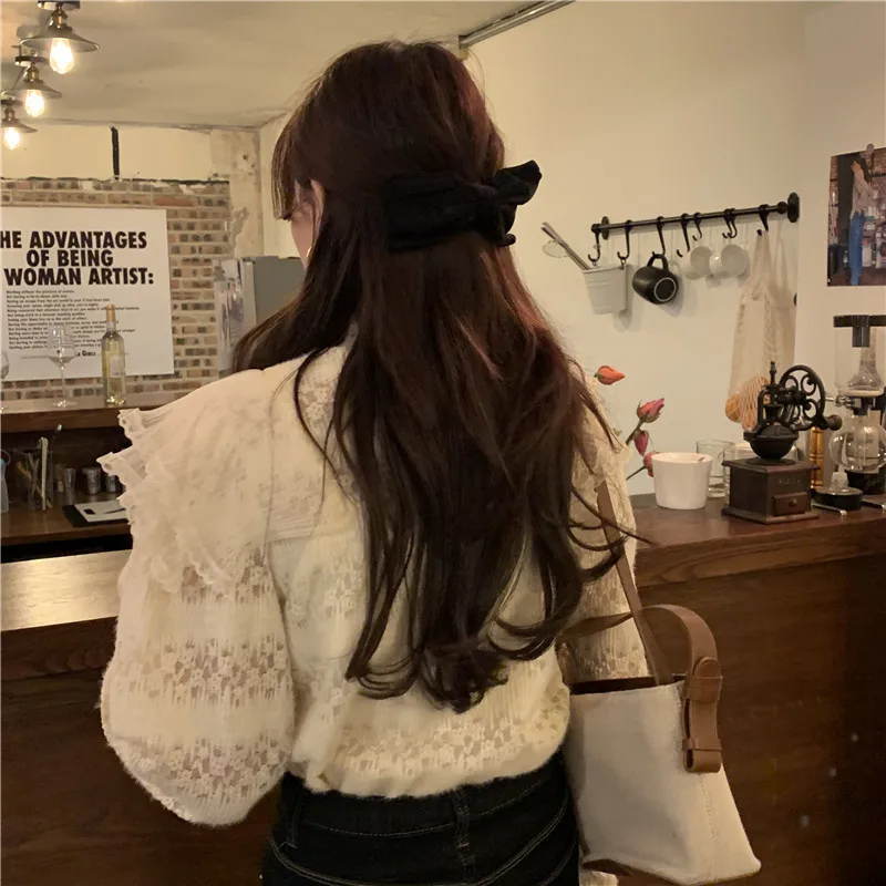 

Spring Autumn Fashion Casual Shirt Women Solid Half High Collar Lace Ladies Puff Sleeve Ruffle Bow Blouse Shirts Female Y146