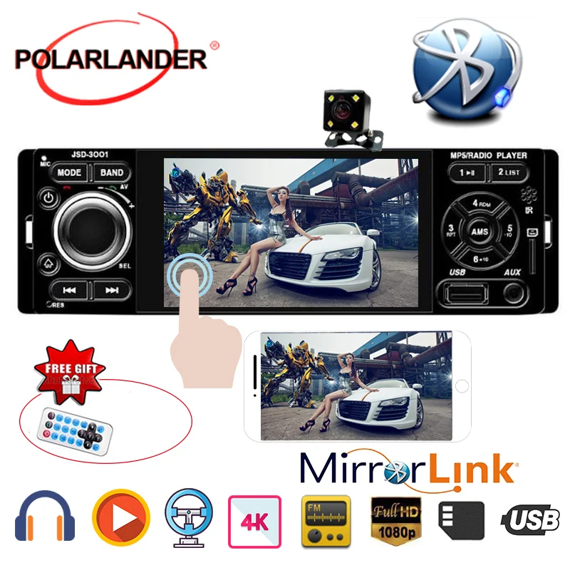 POLARLANDER Автомагнитола 1din 4 дюйма Автомагнитола сенсорный экран Аудио Зеркало Ссылка стерео Bluetooth Камера заднего вида USB AUX-IN плеер