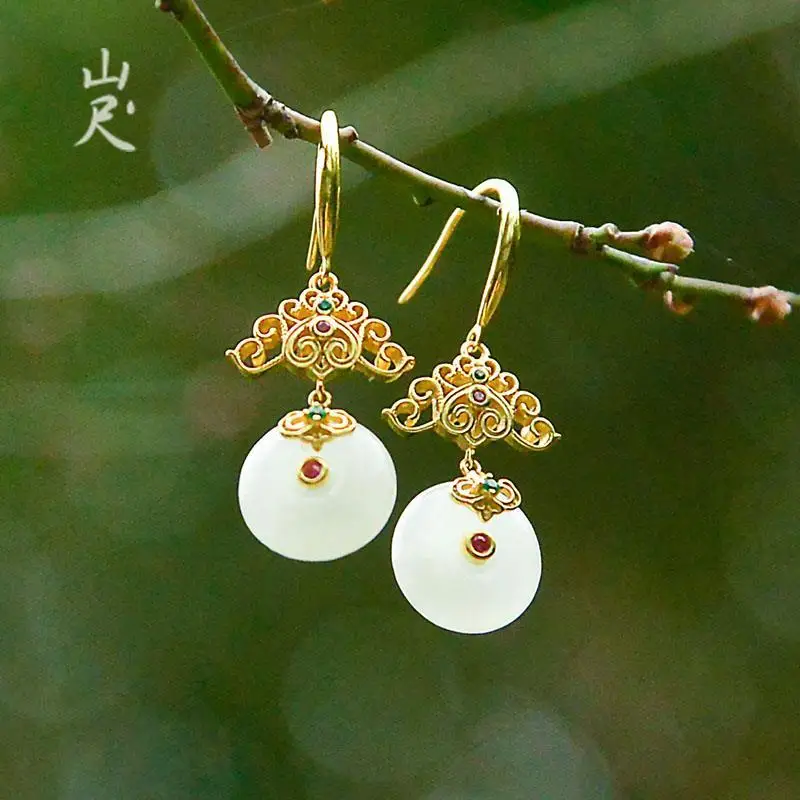 

Suyue Natural Hetian White Jade Chinese Style Hollow Stud Earrings S925 Sterling Silver Eardrops Elegant Classical Court Style E