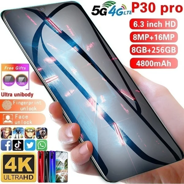 2021 Hawei P30 Pro 6 3 капли воды Экран 10 ядерный смартфонов 8 ГБ + 256 16MP Face ID открытые