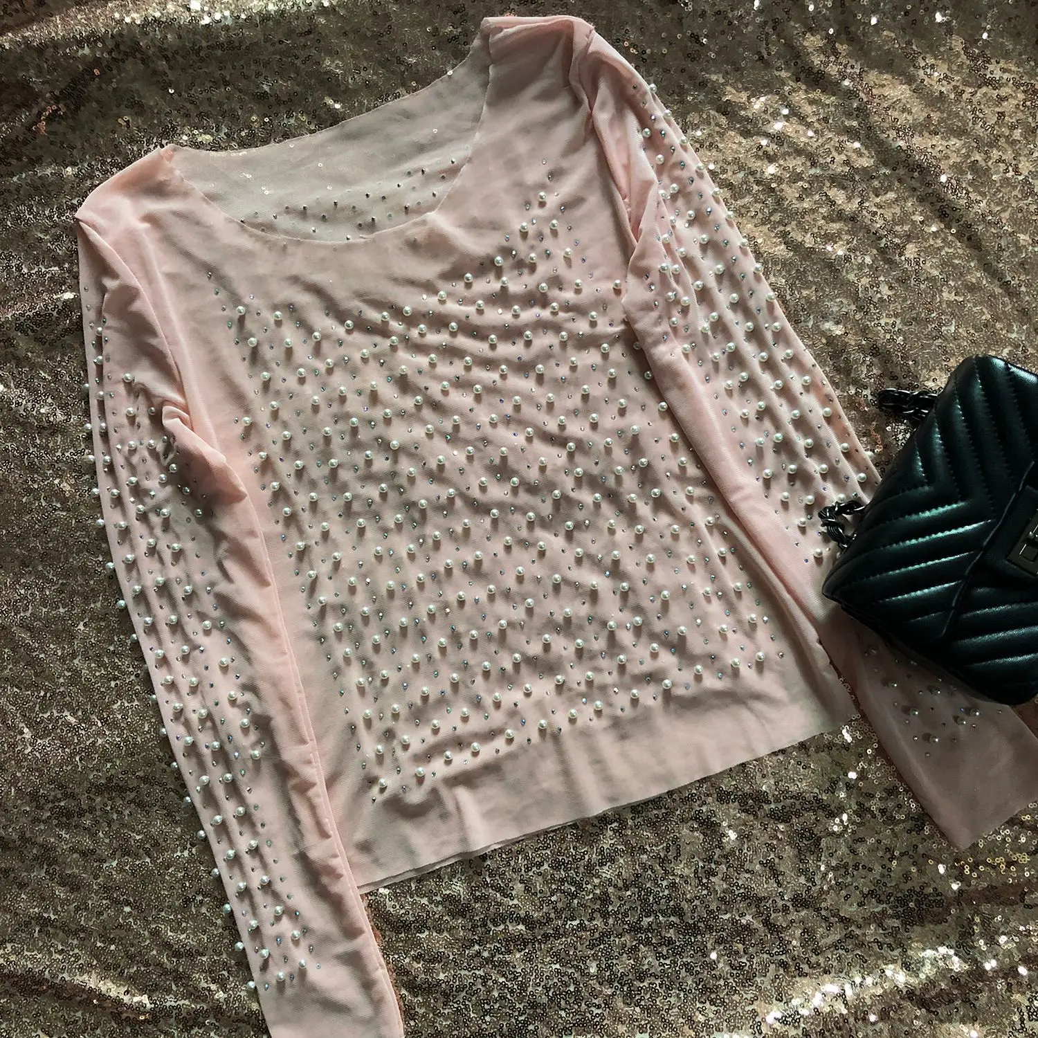 

2020 Spring Beading Lace Blouse Fashion Through See Mesh Women Shirts Summer Long Sleeve Pearls Female Tee Top