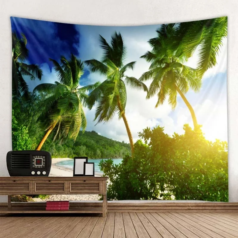 

Beach coconut tree scenery tapestry woods forest beach scene hanging cloth wall decoration hanging cloth curtain hanging cloth