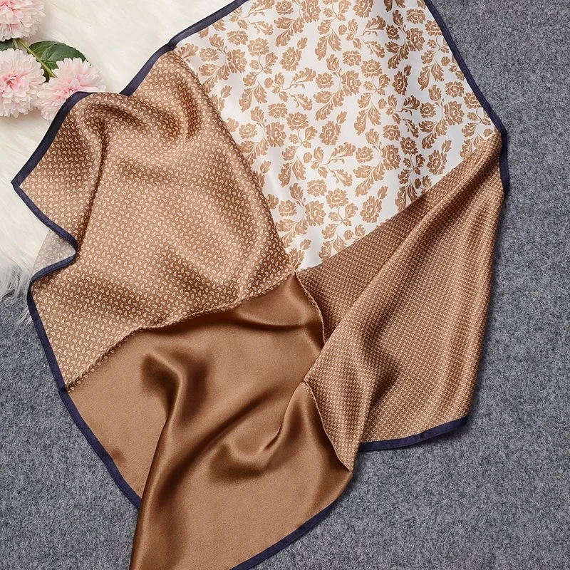 

Brown Print 100% Real Silk Bandana Scarf Neckerchief Necktie Women Small Square Fashion Scarves Wraps 53*53cm
