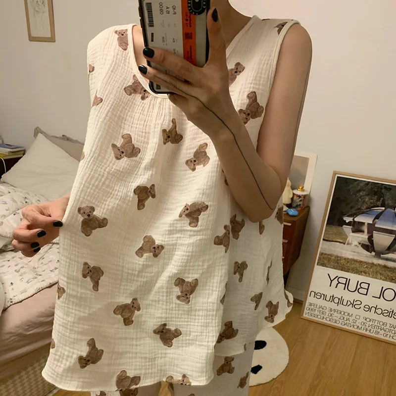 Sleeveless Cartoon Bear Summer Pajamas Set Women Korean Kawaii Tank Tops Pants Set Two Piece Sleepwear Home Suit Cotton Homewear