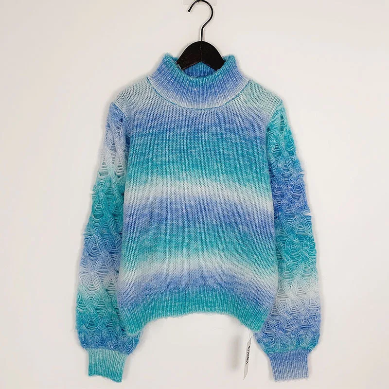 

Pullovers for Woman Blue Blooming Turtleneck Sweater Woman Jumpers Loose Striped Crochet Top Oversized Cute Hollow Out Sweaters