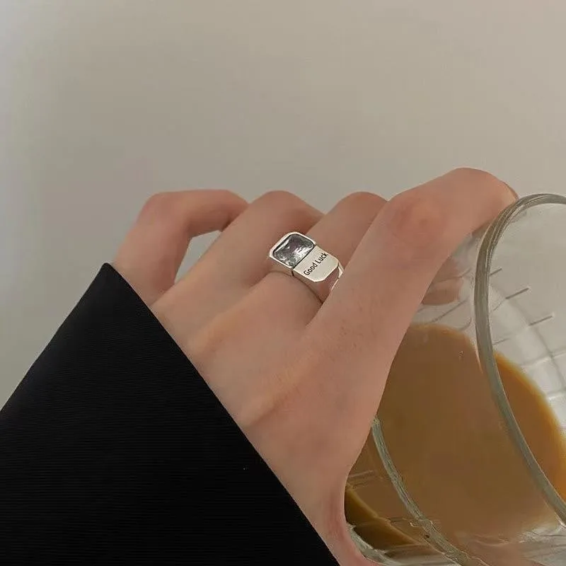 

Vintage Zircon Luck Letters Adjustable Opening Womens Ring For Korean Fashion Personality Punk Party Jewelry Feature Charm Gifts