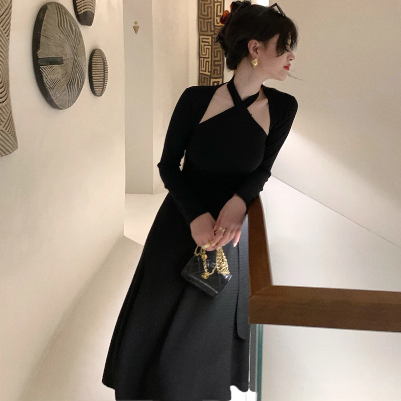 

Elegant Korean Knitted Cropped Cardigans Coats + Halter Sleeveless Long Midi Dress Two Piece Tracksuit Lace Up Retro Casual D057