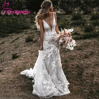 mermaid boho wedding dresses 2020 lace appliques v neck beach bridal sexy backless wedding gown vestido de noiva