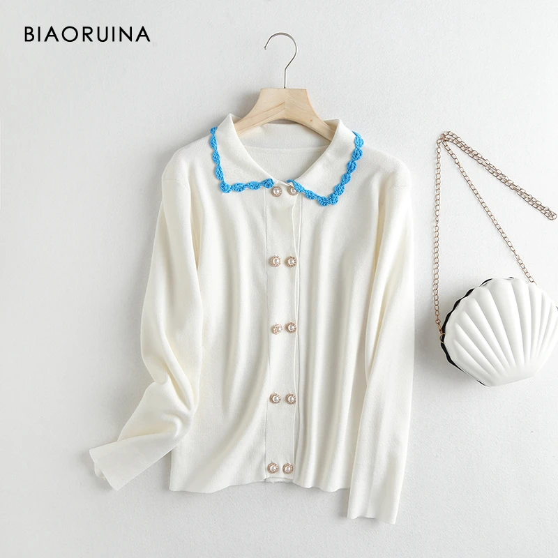 Женский двубортный кардиган BIAORUINA милый вязаный с вышивкой и отложным воротником