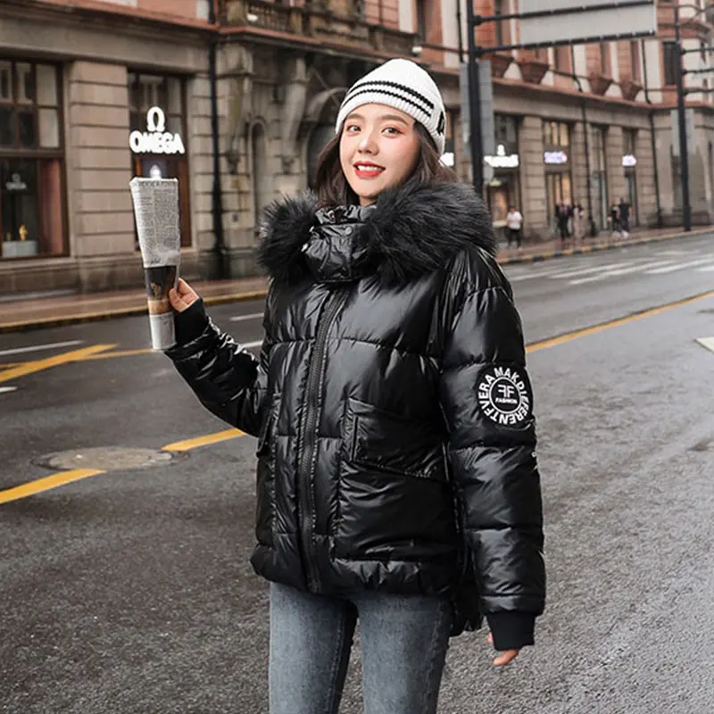 

Lusumily Winter Women's Jackets Glossy Coats Thick Loose Bright Side Warm Jacket Female Fur Collar Short Hooded Windproof Coat
