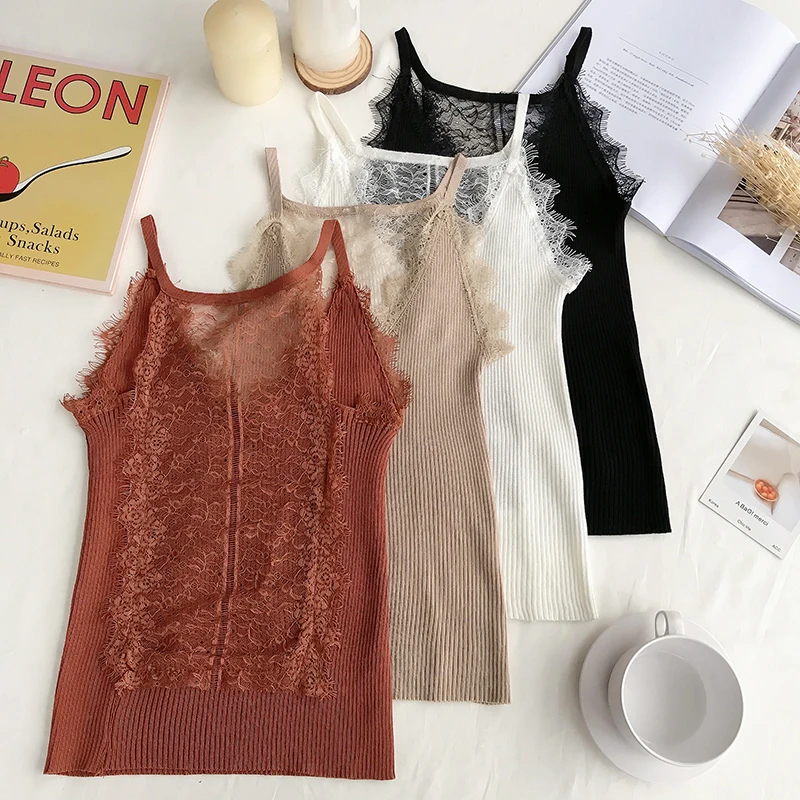 Женская майка из вязаного цветочного кружева однотонная с v-образным вырезом