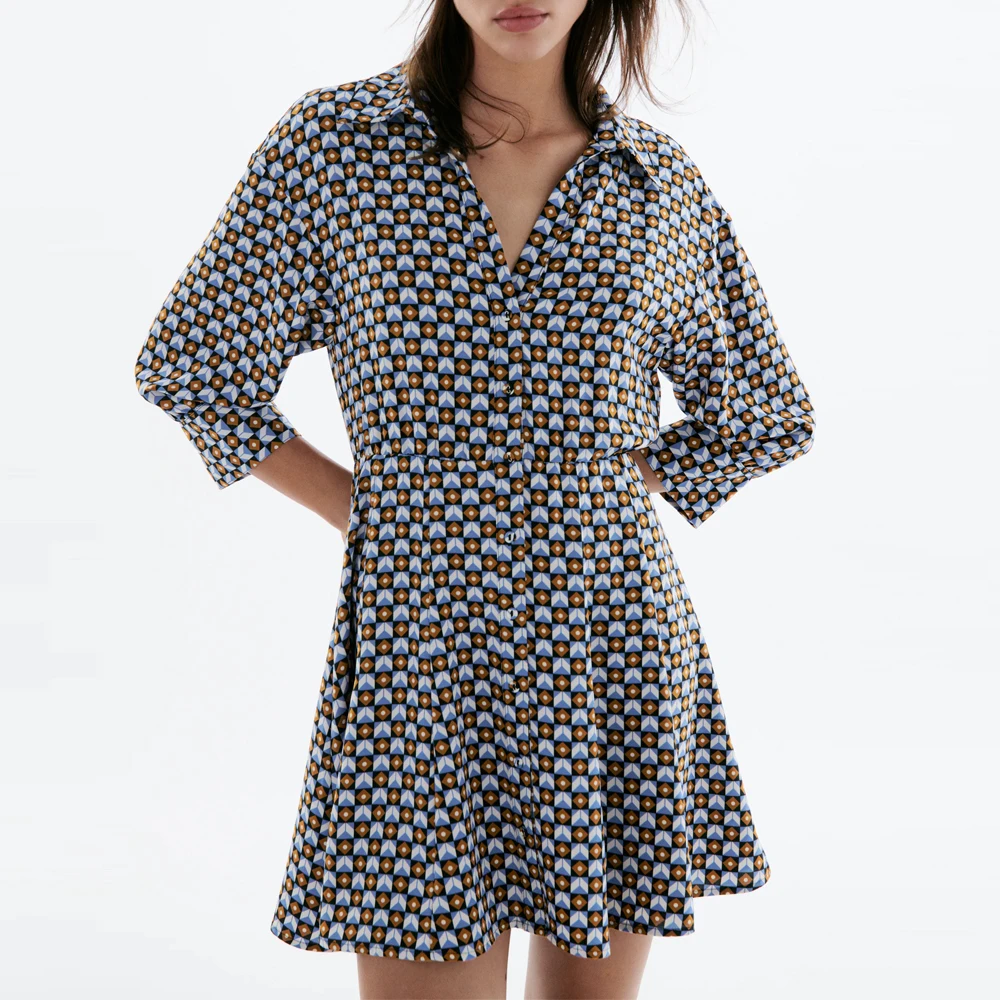 

Za Dress 2021 New Women Fashion Geometric Printed Dresses Female Sexy V-neck Long Sleeve Mini Club Party Vestidos Casual