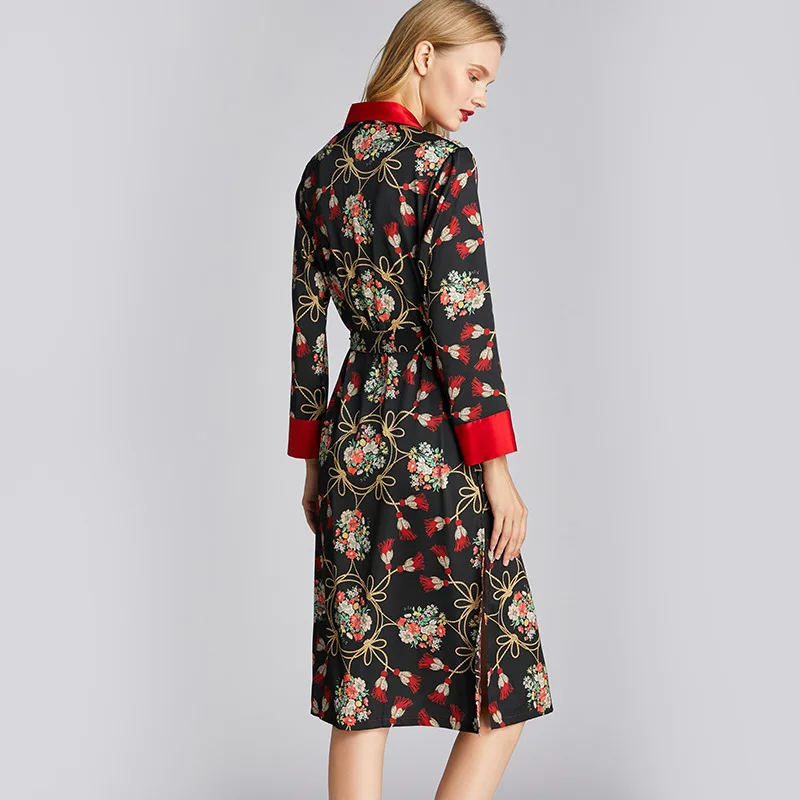 

Spring summer New silk printed long-sleeved pajamas ladies mid-length pajamas loose bathrobes home service lingerie robe