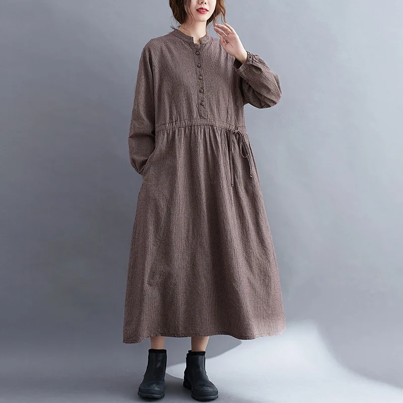 

Large Size Women 's Plaid Long Sleeve Fat Hiding Dress Fat Sister Autumn Foreign Trade Loose Long Below the Knee Drawstring Rac