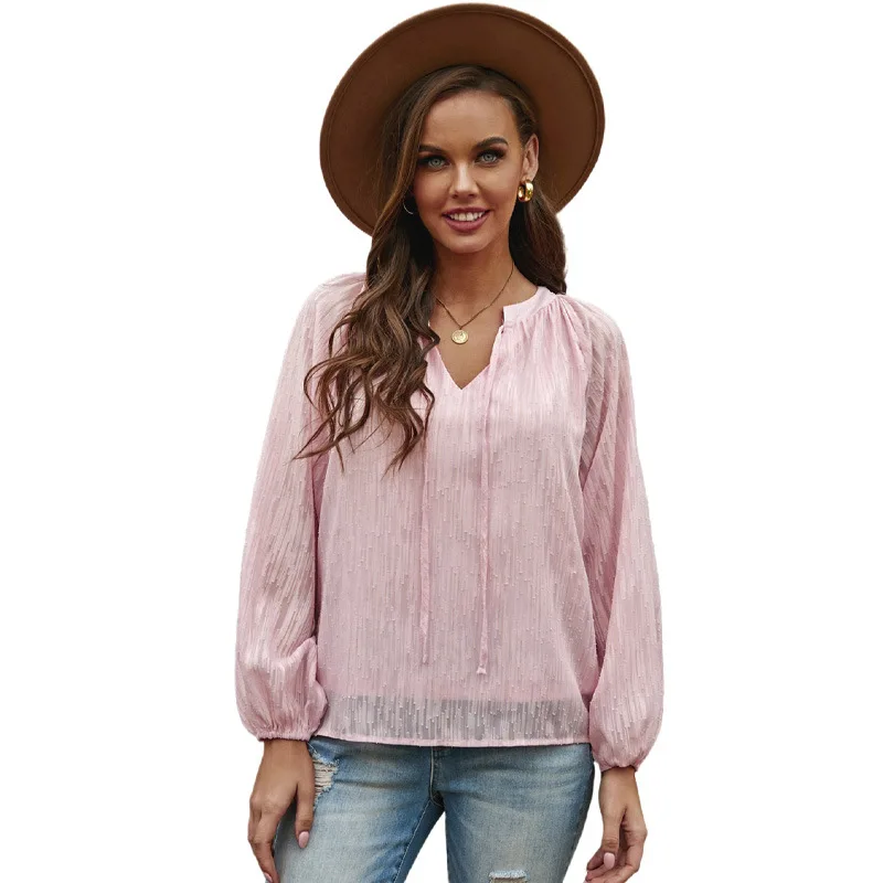 

Women Blouse Vetement Femme 2021 Summer Jacquard Solid Color V-neck Lantern Sleeve Top Woman Clothing V-neck Blouses & Shirts