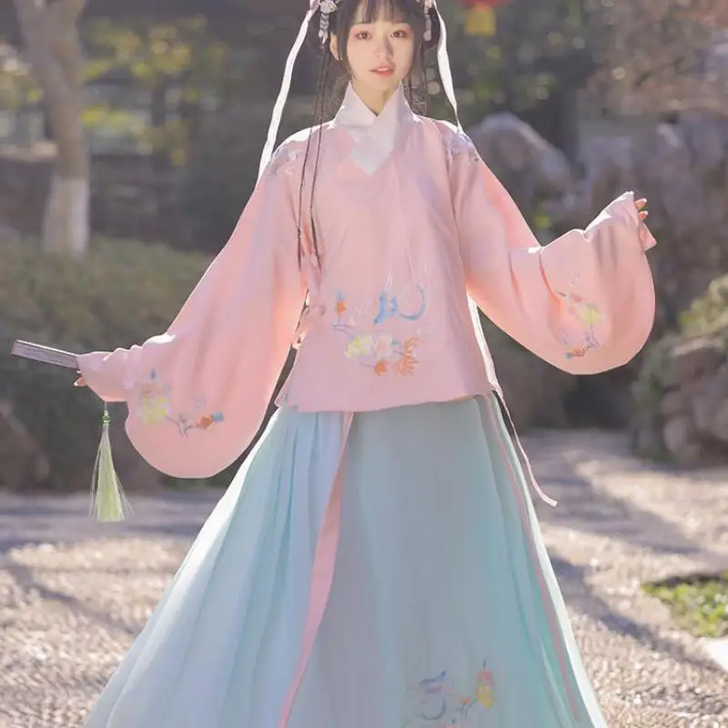 

Women Hanfu Suit Fairy Cosplay Ancient Princeness Costume Pink Flower Cross Collar Folk Dance Dress Costume Performance Clothing