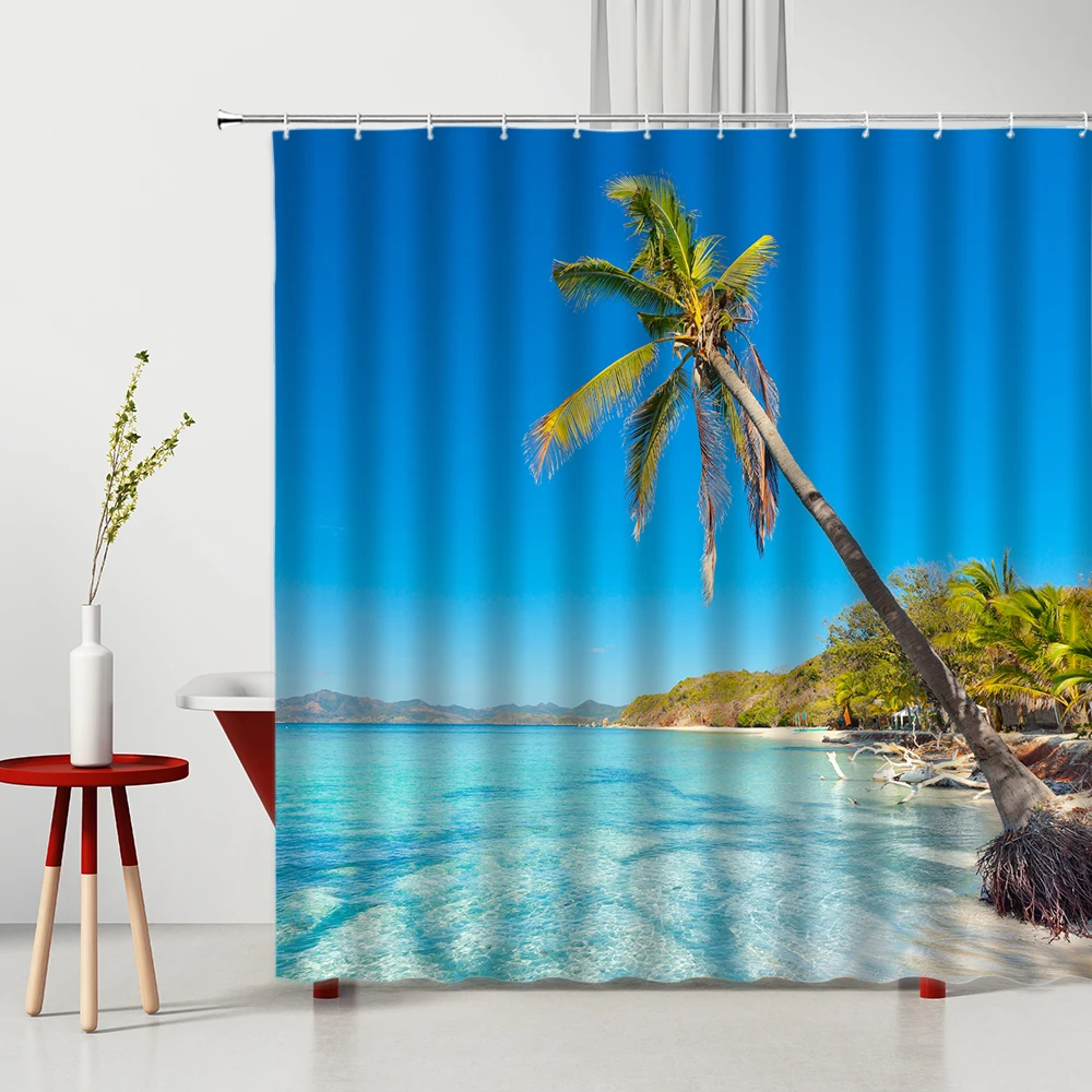 

Scenic Shower Curtain Beach Scenery Coconut Tree Fabric Curtains Bathroom Household Goods Bathroom Accessories Bathing