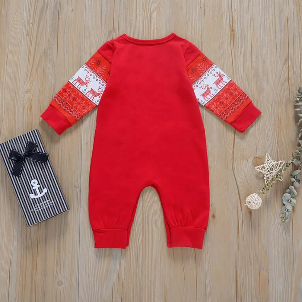 

Baby's Boy Girl 0-24M Christmas Printed One-piece Garment Long Sleeve Button Red Christmas Snowflakes and Elk Pattern Bodysuit