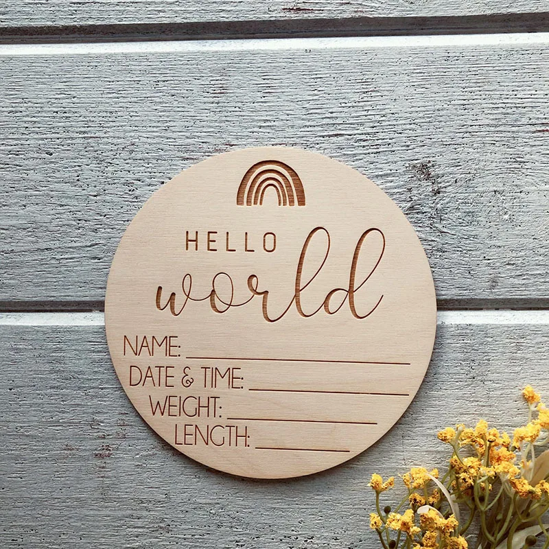 

Set of 20 Hello World Baby Announcement Birth Stats Sign Baby Shower Gift Newborn Wooden Rainbow Milestones photo prop