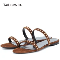 Flat Sandals for Women 2021 Studded Black Sandals with Studs Ladies Summer Shoes Brown Flats Slippers Womens Slides Beach Sandal