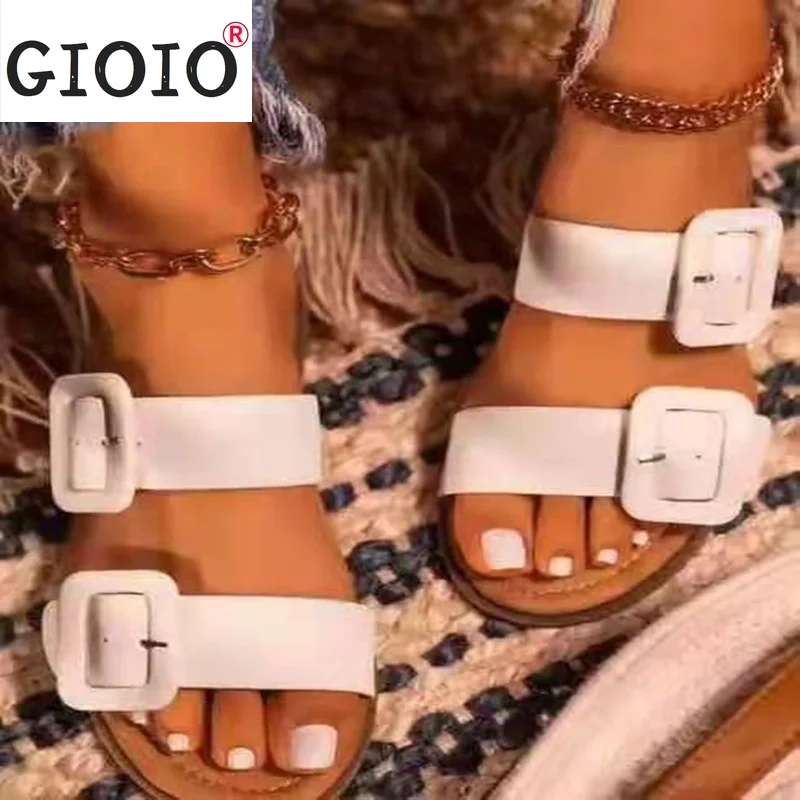 

Женские шлепанцы с открытым носком, элегантная пляжная Уличная обувь на плоской подошве, украшенная верхней пряжкой, летние Тапочки