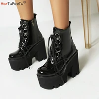 autumn winter women punk ankle boots gothic black chunky motorcycle boots pu leather rings cross lace up zip men platform shoes