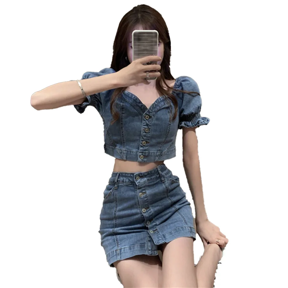 

Women Sexy Cowboy Two Piece Sets Puff Sleeve Ruffle Blouse And Bodycon Denim Skirt Suit High Street Sweet Young Girl 2021 Summer