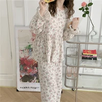 floral print double layer gauze pajama set autumn winter 100 cotton sleepwear home clothes ruffles trousers loungewear l467
