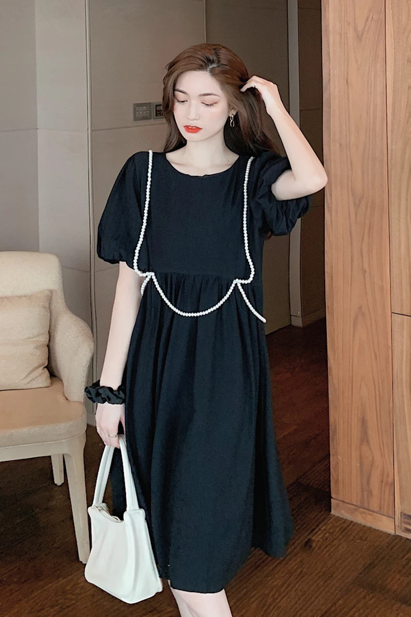 

COIGARSAM French Style Loose Women Long dress Puff Sleeve Pearl Dresses Black Apricot 1376