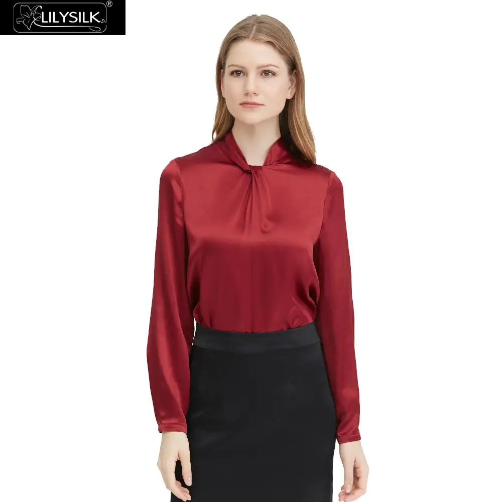 Женская шелковая блузка LilySilk очаровательная с длинным рукавом и воротником