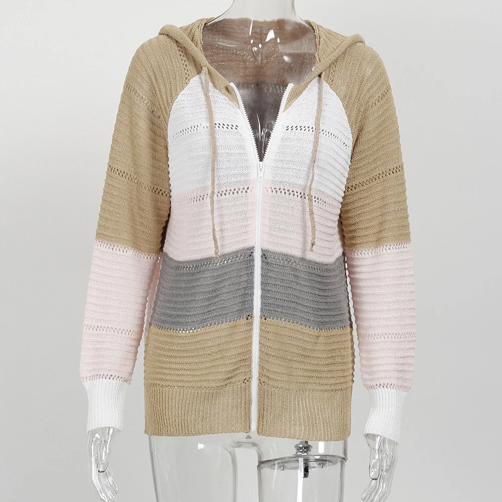 Вязаный кардиган свитер для женщин Осень-зима Повседневный в полоску пэчворк с