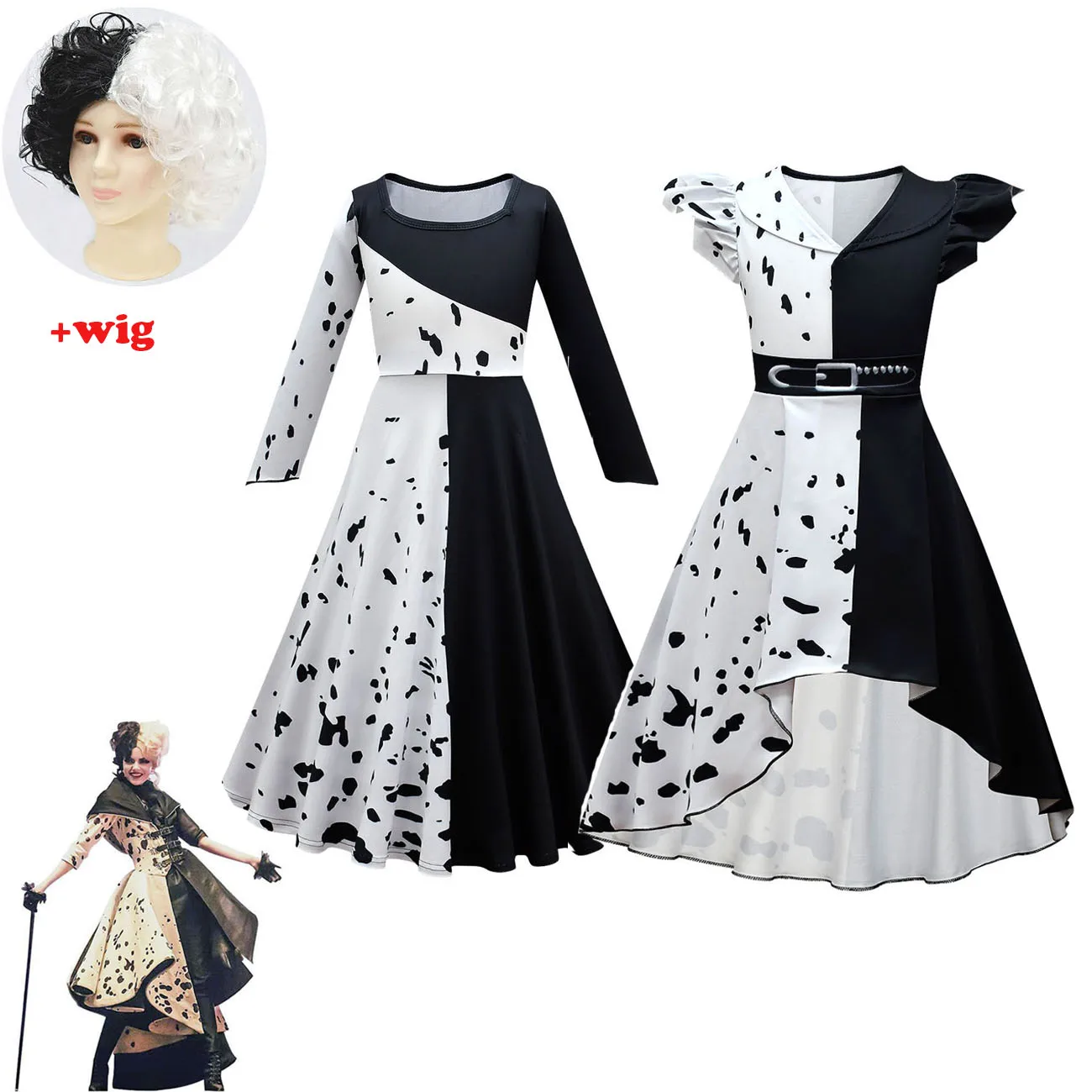 

2021 Kids Cruella Costume For Girls Evil Queen Cosplay Costume Child Fantasia Halloween Clothes Wig Birthday Party Fancy Dress